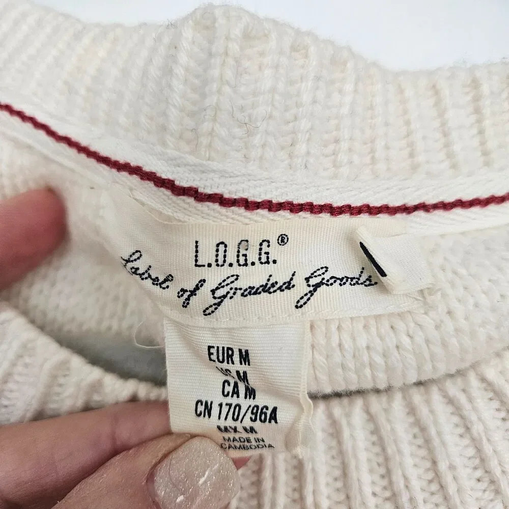 L.O.G.G. Fisherman Knit crew neck pullover, Ivory, button details, logo, women M